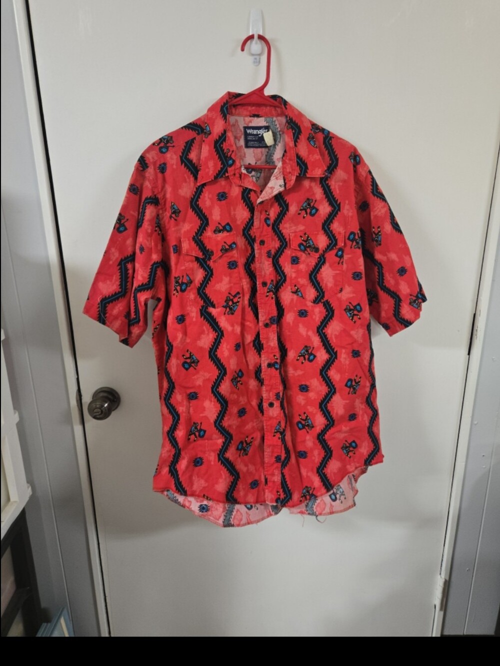 VINTAGE WRANGLER AZTEC WESTERN RODEO COWBOY BUTTON DOWN X-LONG TAILS 17.5
